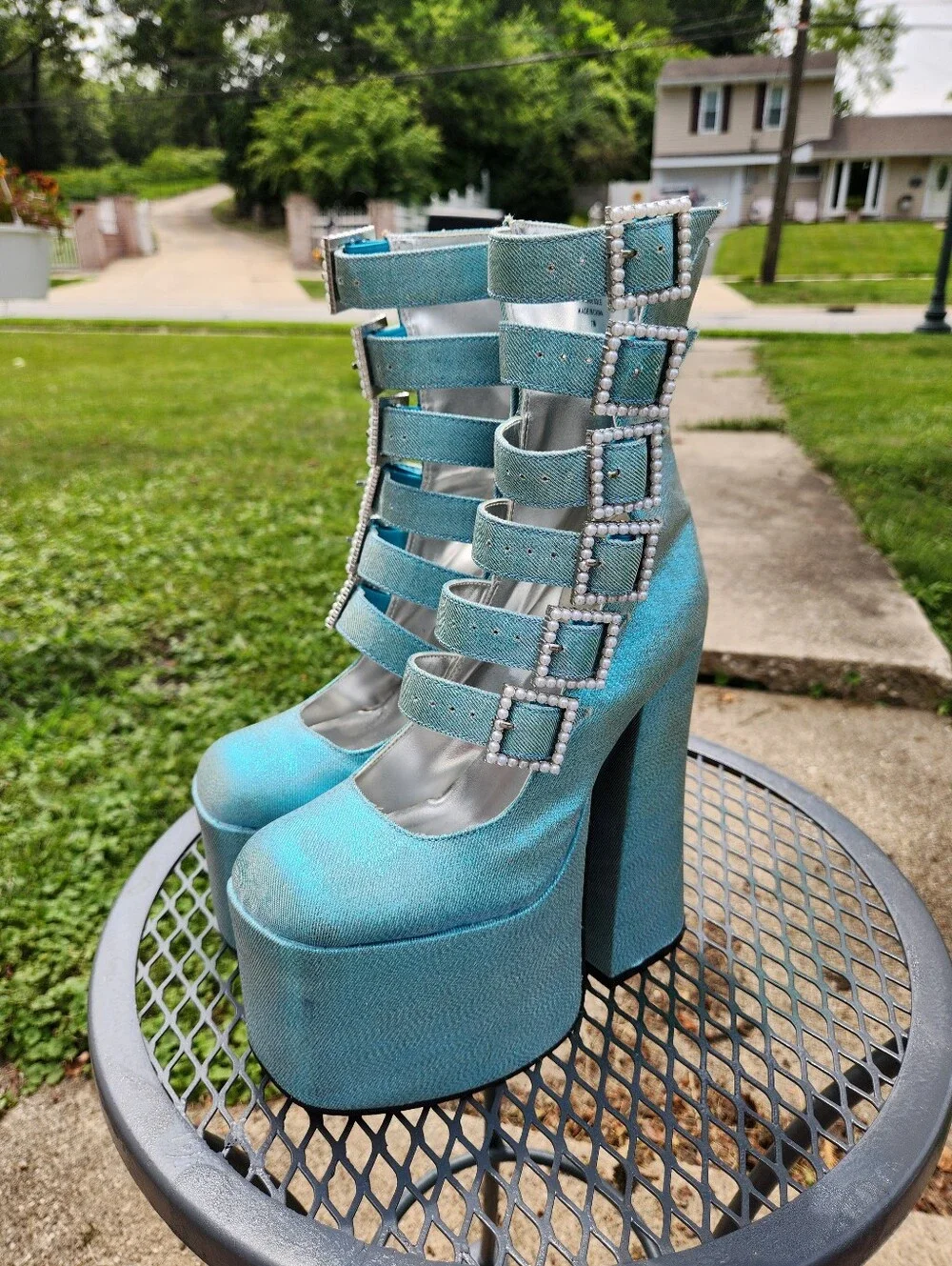 Blue Platform Strappy High Heel Pumps